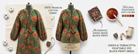 Robe longue formelle en coton écologique à imprimé floral, col montant, manches longues, coupe trapèze, motif imprimé à la main, avec poches latérales pour femme