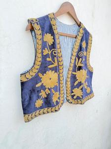 Luxury Velvet Suzani Embroidered Floral Short Lightweight Cotton Casual Vest <b>Coat</b> Handmade Ethnic Boho Waistcoat Designer Vest - Product Image 3