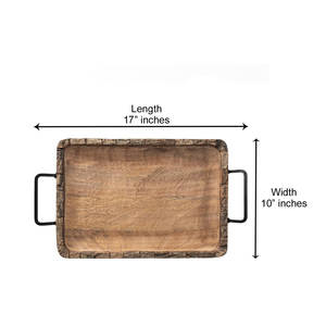 ถาดไม้มะม่วงแบบชนบททรงสี่เหลี่ยมผืนผ้าถาดเสิร์ฟ100% ธรรมชาติเป็นมิตรกับสิ่งแวดล้อมด้ามจับโลหะทำด้วยมือสำหรับชากาแฟอาหารเย็นห้องครัว - Product Image 3