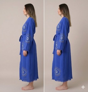 Robe Kimono Bleue à Col en V Brodé, Manches Longues, Coupe Ample, Broderie Faite Main, Longueur Maxi, Tenue Décontractée, Robes Décontractées - Product Image 2