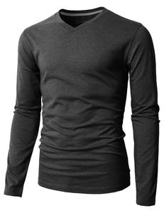 Men's V Neck Long Sleeve T Shirt 100% Cotton Washed Pique Plain Solid Casual Tee Custom <b>Logo</b> - Product Image 3