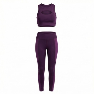 Ensemble de yoga 2 pièces pour femmes, haut court sans manches violet et leggings taille haute - Product Image 1