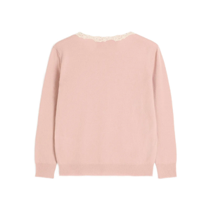 Cardigan d'hiver épais en laine/cachemire brodé rose et ivoire avec col, manches longues et boutons perlés - Product Image 4