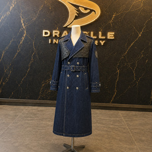 Longline Belted Denim Trench Coat Custom Men Women Heavyweight Jacket Premium <b>Quilted</b> Shoulder Outerwear - Product Image 1