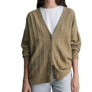 <b>Women</b>’s Vintage Fashion V Neck Ribbed <b>Cardigan</b> Relaxed Fit Sweater 100% Cotton Button Down Knitwear Autumn Wear - Product Image 1