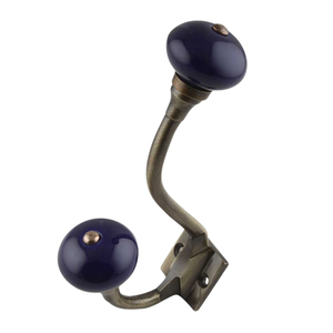 Porte-manteau mural classique en métal bronze – Double bouton en céramique bleu marine brillant, support rétro pour chapeaux et clés pour salon - Product Image 1
