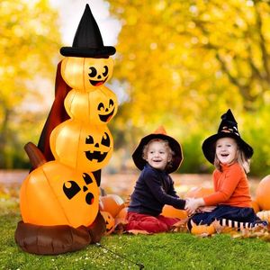 Citrouille gonflable d'Halloween avec chapeau de sorcière et lumières LED - Décoration de jardin extérieure de 7 pieds - Product Image 2