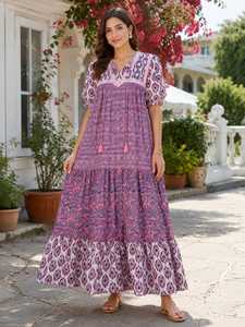 Robe longue décontractée 100 % coton imprimée numériquement, style bohème, coupe trapèze, manches courtes, col en V, à franges, taille naturelle, idéale pour les fêtes de printemps - Product Image 1