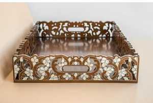 ถาดเสิร์ฟไม้ทำมือสไตล์อาหรับ ประดับมุกอย่างประณีต ของตกแต่งบ้านแบบตะวันออกกลาง ของขวัญงานฝีมือ - Product Image 5