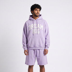 Ensemble de shorts de survêtement amples pour hommes avec broderie effet usé, 100 % polaire polyester, à capuche, coupe ample, épaules tombantes, pour l'hiver - Product Image 1
