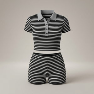 Women's Striped 2-Piece <b>Shorts</b> Set <b>Short</b> <b>Sleeve</b> Polo <b>Top</b> Turtleneck Button Closure Casual Spring Summer Wear Waterproof Quick - Product Image 5