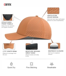 Casquette de baseball marron sportive personnalisée à séchage rapide, respirante, imperméable, 100 % polyester, avec maille découpée au laser et visière incurvée, style décontracté à fermeture snapback - Product Image 5