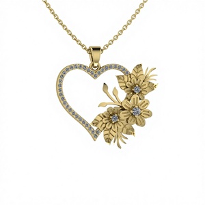 Pendentif Cœur Fleur Chrétien en Argent Sterling 925, 24x29mm, Micro Sertissage CZ Diamant, Plaqué Or, Breloque Amour Nature, Bijou - Product Image 1