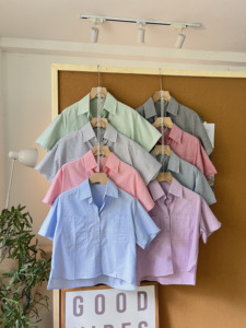 L8151009 Women's Pastel <b>Stripe</b> <b>Crop</b> <b>Top</b> Shirt Short Sleeve Oversized Double Pocket Button Down Loose Fit Casual Korean Fashion - Product Image 2