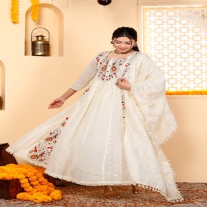 NIYANI Elegant <b>White</b> Cotton Anarkali Kurta Set Intricate Embroidery <b>Lace</b> Dupatta Stylish Regular Fit Ankle-Length Party Diwali - Product Image 4