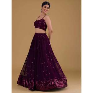 Purple <b>Sequins</b> Georgette Sangeet Lehenga Choli with Crystal Beading & Appliques - Product Image 4