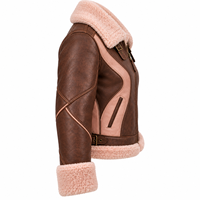 Veste en cuir d'agneau véritable marron rose poudré pour femme, avec col en fourrure et sangle à boucle, manteau chaud d'hiver