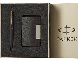 Parker 3-Piece Set Frontier Matte Black <b>Gold</b> Trim Steel Roller Ball <b>Pen</b> & Card Holder with Ink Color Blue and Usage 2 Perf - Product Image 1
