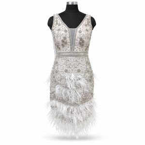Elegant <b>White</b> Feather Embellished Evening <b>Gown</b> | Deep V Neck Sleeveless Crystal Bead Floral Embroidery Fitted Floor Length Dress - Product Image 1