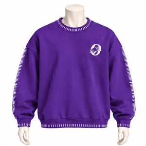 Mens Purple <b>Stitched</b> Border Distressed Crewneck Sweatshirt <b>Oversized</b> Long Sleeve Pullover Casual Streetwear Fashion Everyday Top - Product Image 1