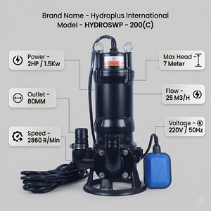 Bomba cortadora de aguas residuales monofásica de acero inoxidable Hydroplus International de 2HP, de alta resistencia, para transferencia de aguas residuales industriales. - Product Image 2