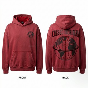 Sweat à capuche streetwear personnalisé épais, rouge délavé à l'acide, imprimé sérigraphié, en molleton de coton, pour homme, coupe oversize à épaules tombantes, fabrication usine - Product Image 1