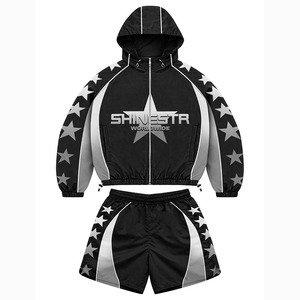 Premium 120 GSM Polyester Windbreaker Short Set Navy Red <b>White</b> Panel Design Heat Transfer Logo Windbreaker Shorts Set for Men - Product Image 5