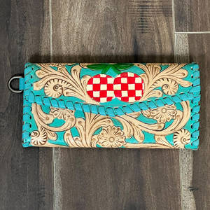 Portefeuille long de luxe en cuir véritable turquoise, gravé à la main, élégant, à motif floral et carreaux cerise, avec dragonne, pochette RFID pour femme - Product Image 4