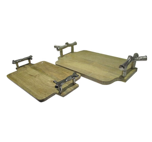 Plateau rectangulaire rustique en bois de manguier avec poignées métalliques, plateau de service pour la cuisine, la salle à manger, la décoration de la maison, utilisation sur table - Product Image 6