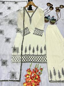Traje pakistaní blanco bordado para mujer con dupatta – Conjunto de ropa étnica elegante - Product Image 4