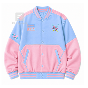 Chaqueta cortavientos personalizada de la hermandad Gamma Phi Delta con logo bordado en azul cielo y rosa, estilo casual para mujer con forro de poliéster. - Product Image 1