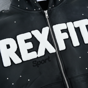 Rexfit Sports Premium Cotton Fleece Acid Wash distressed Embroidered Full Zip Hoodie Custom Logo OEM Full Zipper Hoodies OEM - Product Image 5