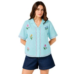 Blusa de algodón azul acuamarina con bordado floral para mujer, de manga corta, con botones, informal, de verano, con cuello, personalizada, a la moda, OEM - Product Image 1