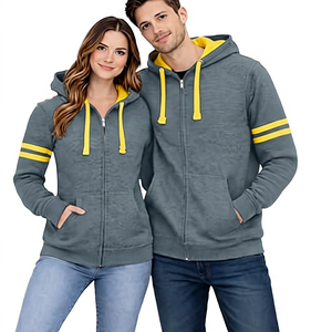 Unisex Black <b>Yellow</b> Hooded Zip-Up Sweatshirt Regular Fit Casual Autumn Wear With Pockets And Stripes - Product Image 6