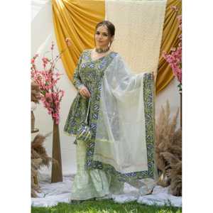 Ensemble de costume respirant en coton vert floral paon pour femme, taille XS, tissu en mousseline - Product Image 3