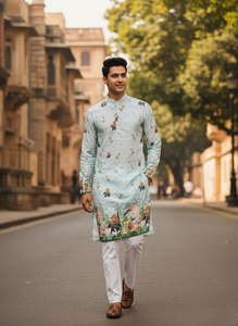Ensemble Kurta en coton pour homme avec imprimé éléphant, pantalon blanc coupe droite longueur cheville, tenue traditionnelle indienne pour mariage - Product Image 2