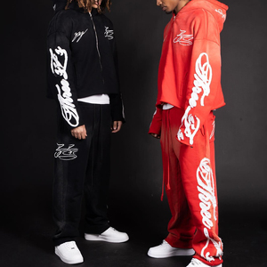 Survêtement Homme Vintage en Coton Polaire Brodé et Patché, Coupe Courte, Effet Délavé Acide, Deux Pièces Évasées, Style Streetwear Hiver Personnalisé - Product Image 4