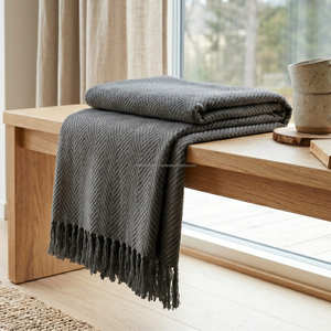 Charcoal Recycled Cotton Throw Blanket with Subtle Surface Texture and Fringe for <b>Sofa</b> Bench Bedroom and Minimalist Décor - Product Image 1