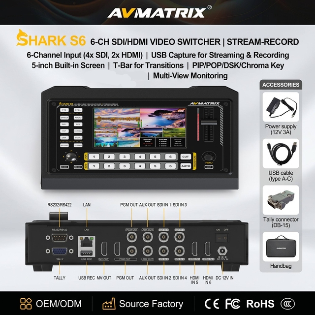 AVMATRIX SHARK S6 Video Switcher 6CH SDI HDMI, RTMP SRT Recording Live Stream Video Mixer for Virtual Studio Church Live Event