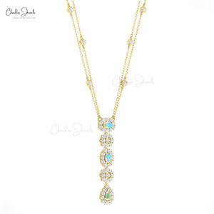 Natural 1.16 Ct Round Cut Diamond Lariat <b>Necklace</b> with Ethiopian <b>Opal</b> Station Drop <b>Necklace</b> 14k Solid Gold Hallmarked <b>Necklace</b> - Product Image 4