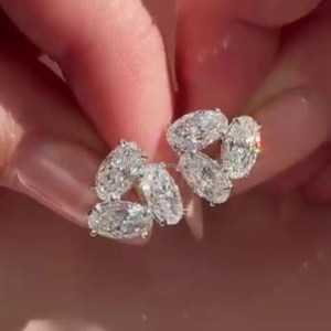 Three Oval Diamond <b>Earrings</b> in White <b>Gold</b>, Elegant Drop <b>Dangle</b> Jewelry for Women, Luxury Bridal Statement <b>Earrings</b> Timeless Gift - Product Image 1