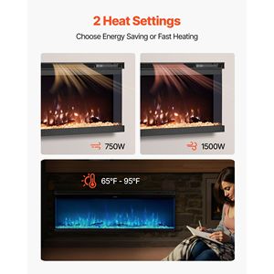 Caminetto Elettrico da 72 Pollici con Vetro su Tre Lati, da Parete o Incasso, 1500W, Fiamma Regolabile, Telecomando e Timer - Product Image 4