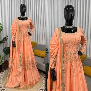 Ensemble élégant de robe et de lehenga en soie chinon, orné de broderies en fils et de paillettes, pour les mariages, les fêtes et les occasions spéciales. - Product Image 3