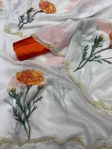 Sari de créateur Floral Grace, Sari Royal Blossom, Sari en soie avec perles et Katdana, Soie Tebby douce, imprimé floral avec perles et Katdana - Product Image 3