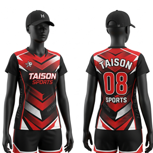 เสื้อวอลเลย์บอลหญิง พรีเมียม ผ้าโพลีเอสเตอร์ 160 GSM ระบายอากาศได้ดี ดีไซน์สีแดงดำ แบบสับลิเมชั่น สกรีนโลโก้ตามสั่ง สำหรับทีม - Product Image 1