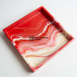 Ensemble de plateaux en résine effet marbre faits à la main – Plateaux carrés modernes rouges et neutres pour le service et la décoration - Product Image 6