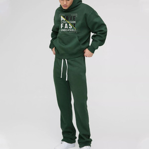 Conjunto de Sudadera con Capucha y Pantalones Deportivos de Felpa Francesa de Algodón Verde para Hombre, Estilo Casual, Holgado, de Dos Piezas, para Otoño - Product Image 1