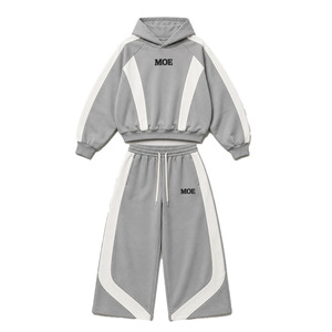 Conjuntos de sudaderas con capucha de algodón extragrandes con paneles en contraste OEM para hombre, pantalones de chándal de forro polar grueso de pierna ancha, top con cremallera frontal y bloques de color, venta al por mayor - Product Image 3