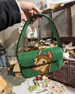 Indian Fully Handcrafted Beaded Dog Shoulder Bag Green Animal Motif <b>Novelty</b> <b>Handbag</b> Women Magnetic Closure Satin Lining - Product Image 1