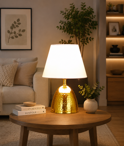 Lámpara de Mesa Decorativa Moderna KS International, Hierro Martillado Dorado, Hecha a Mano, Ecológica, con Bombillas Halógenas y Pantalla de Tela - Product Image 3